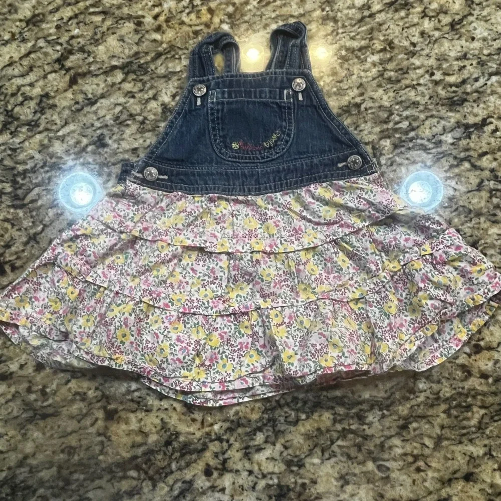 OshKosh Bgosh Baby‎ Girls 18M Denim Floral Ruffle Tiered Bib Overall Dress Blue